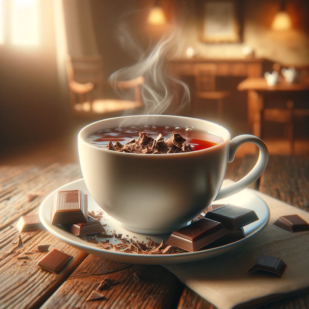 Karšta stracciatella arbata su šokolado gabaliukais ant medinio stalo